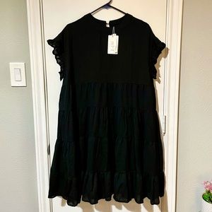 Black Babydoll Dress, Ruffled Sleeve, Size L